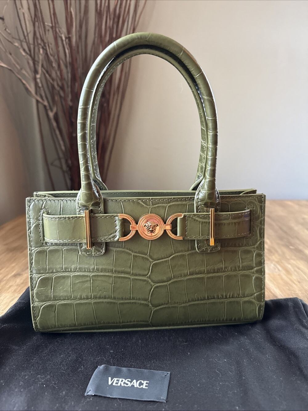 VERSACE Medusa '95 Medium green croc-embossed calfskin Tote Authentic Rt$2495